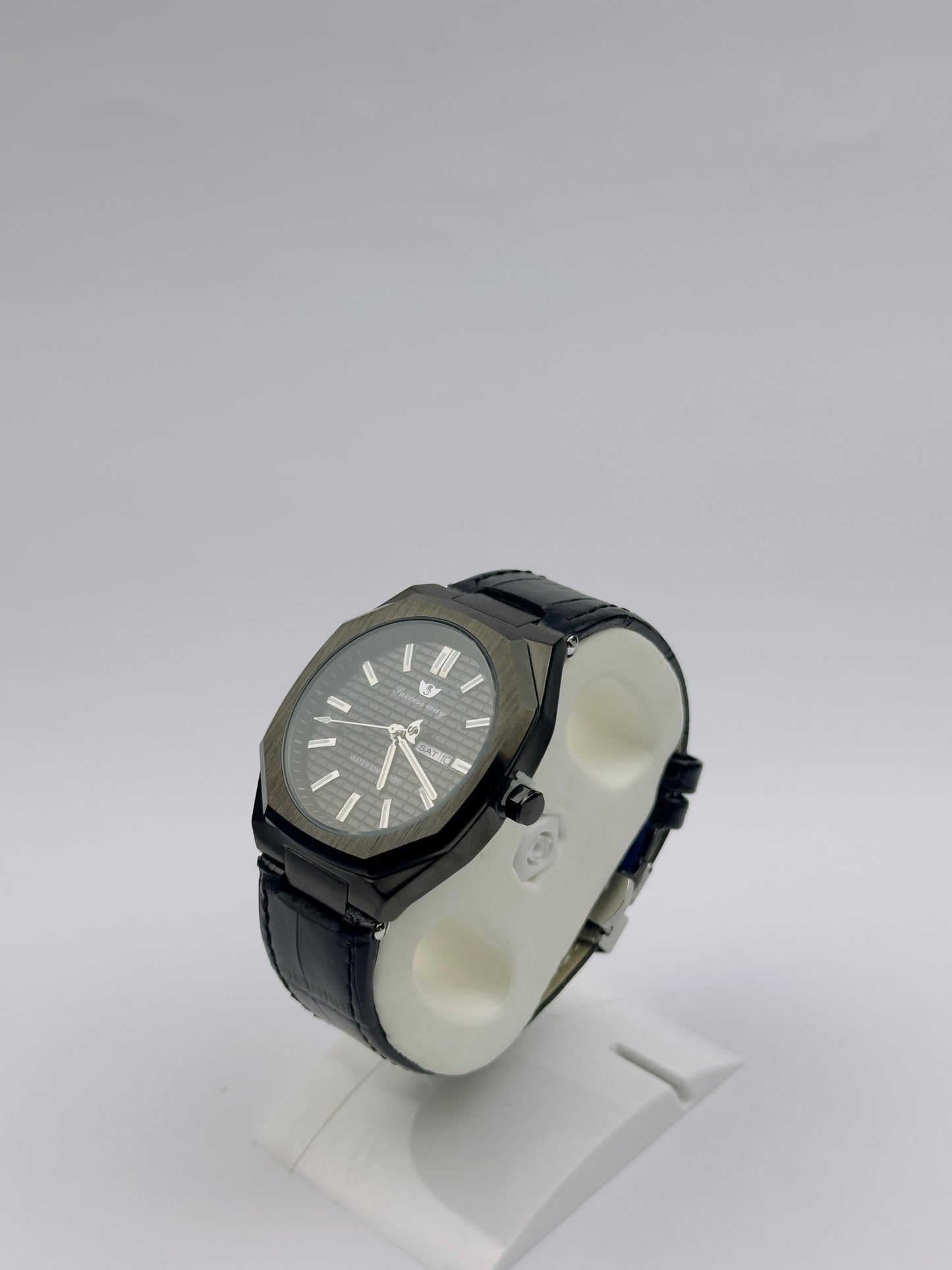 Success Way Men's Octagonal Case Watch – Black Dial with Day & Date | Tick Empire
