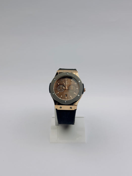Men’s Hublot Chronograph Watch – Rose Gold with Black Silicone Strap | Tick Empire
