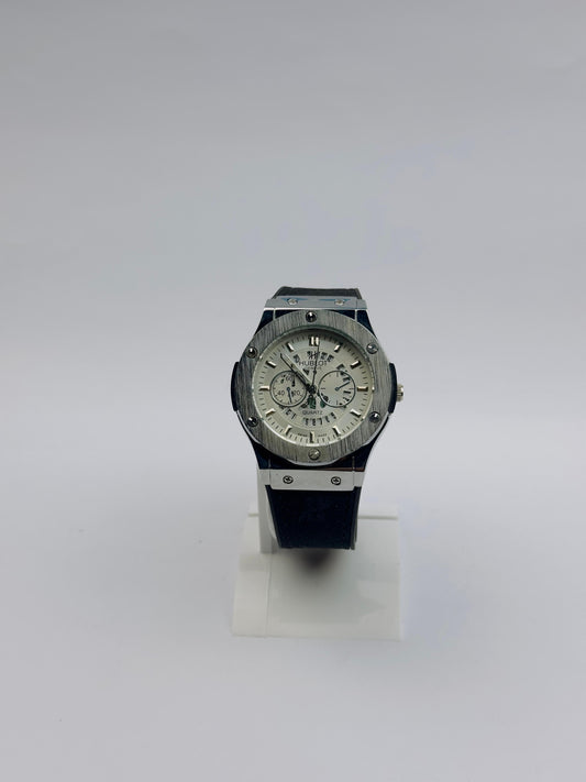 Men’s Hublot Chronograph Watch – Silver with Black Silicone Strap | Tick Empire