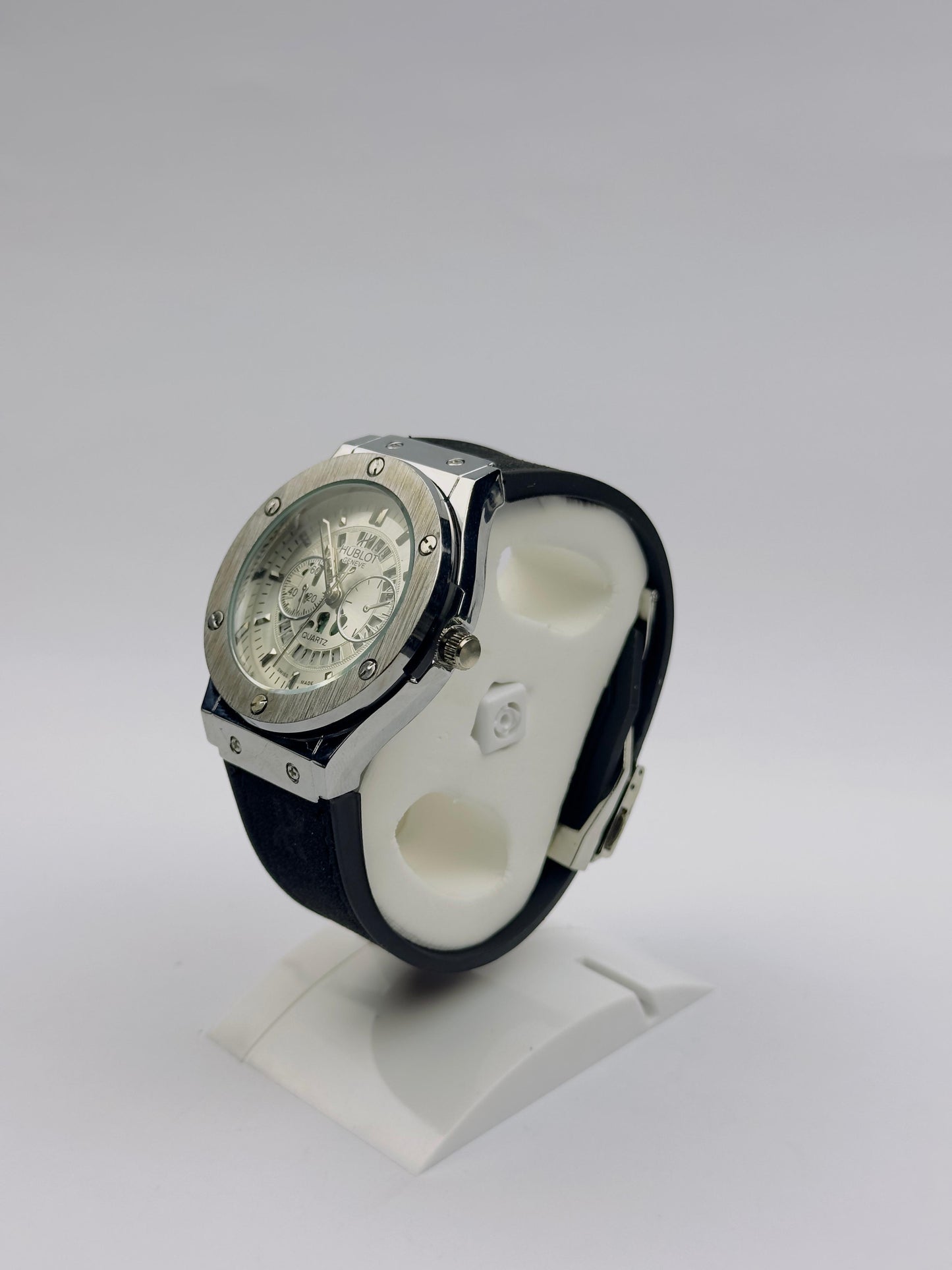 Men’s Hublot Chronograph Watch – Silver with Black Silicone Strap | Tick Empire