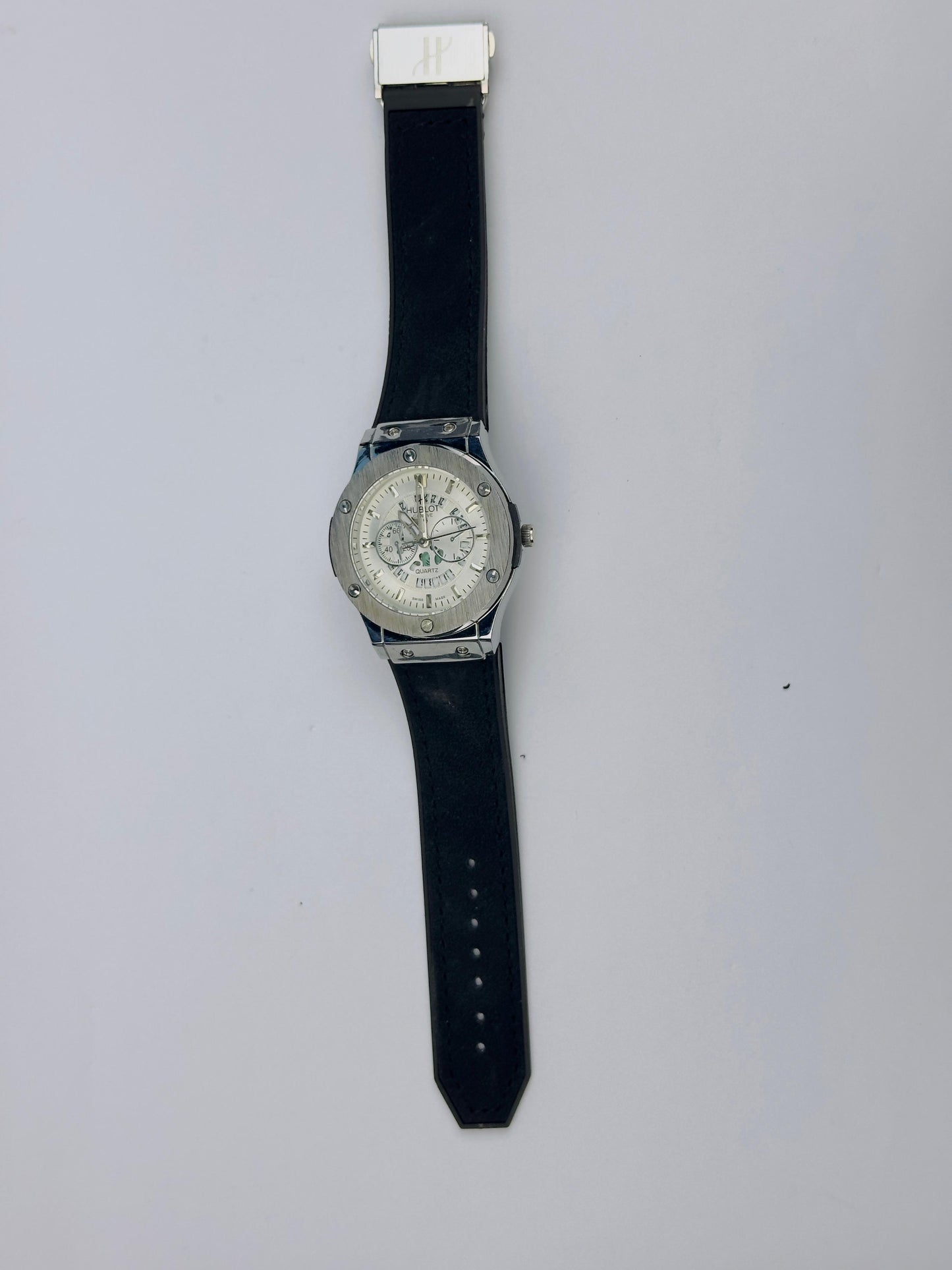 Men’s Hublot Chronograph Watch – Silver with Black Silicone Strap | Tick Empire