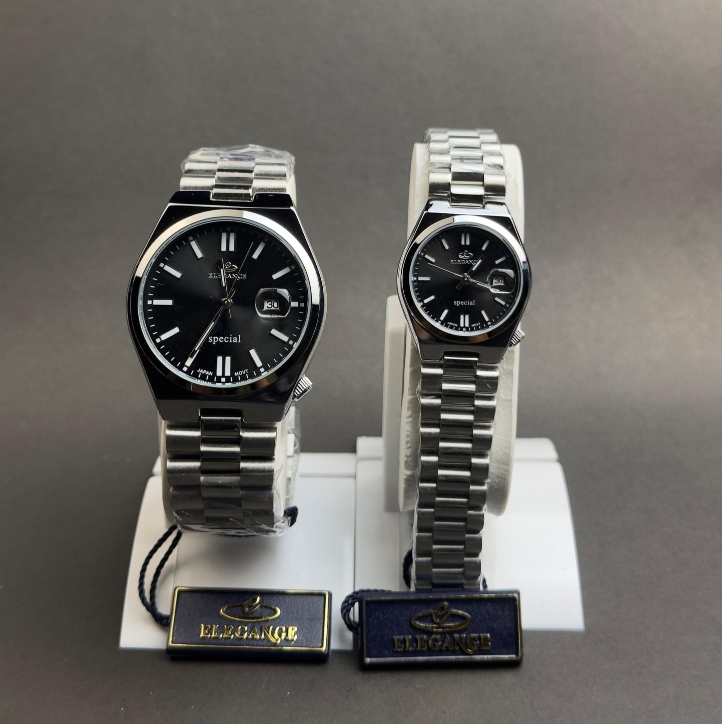 ELEGANCE Couple's Stainless Steel Watch Set - Black Dial | Tick Empire