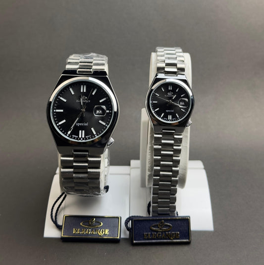 ELEGANCE Couple's Stainless Steel Watch Set - Black Dial | Tick Empire