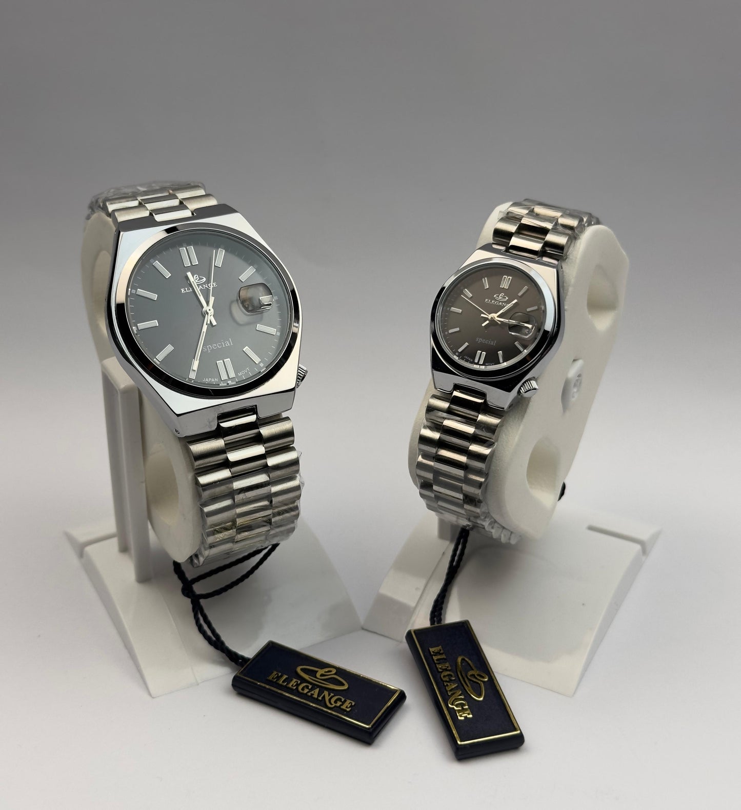 ELEGANCE Couple's Stainless Steel Watch Set - Black Dial | Tick Empire