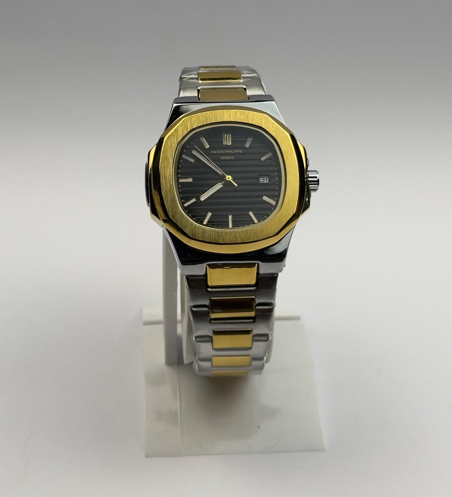 Men’s Patek Philippe Two-Tone Stainless Steel Watch – Black Dial Nautilus Style | Tick Empire