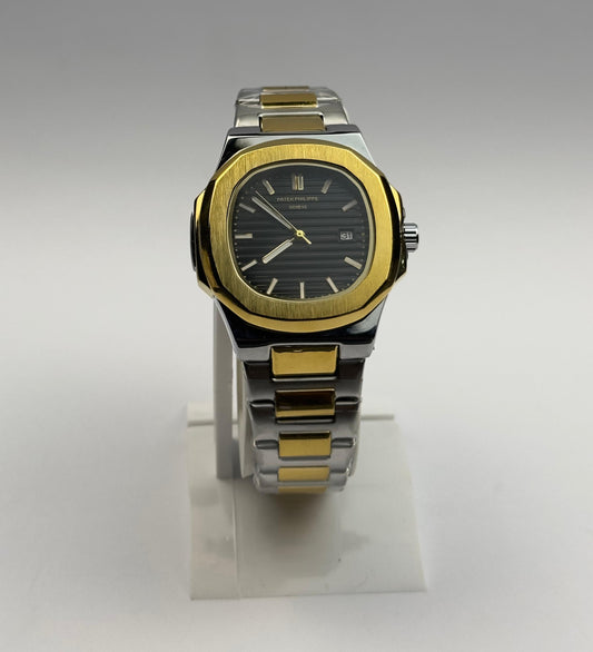 Men’s Patek Philippe Two-Tone Stainless Steel Watch – Black Dial Nautilus Style | Tick Empire