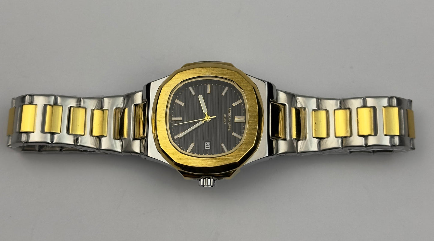 Men’s Patek Philippe Two-Tone Stainless Steel Watch – Black Dial Nautilus Style | Tick Empire