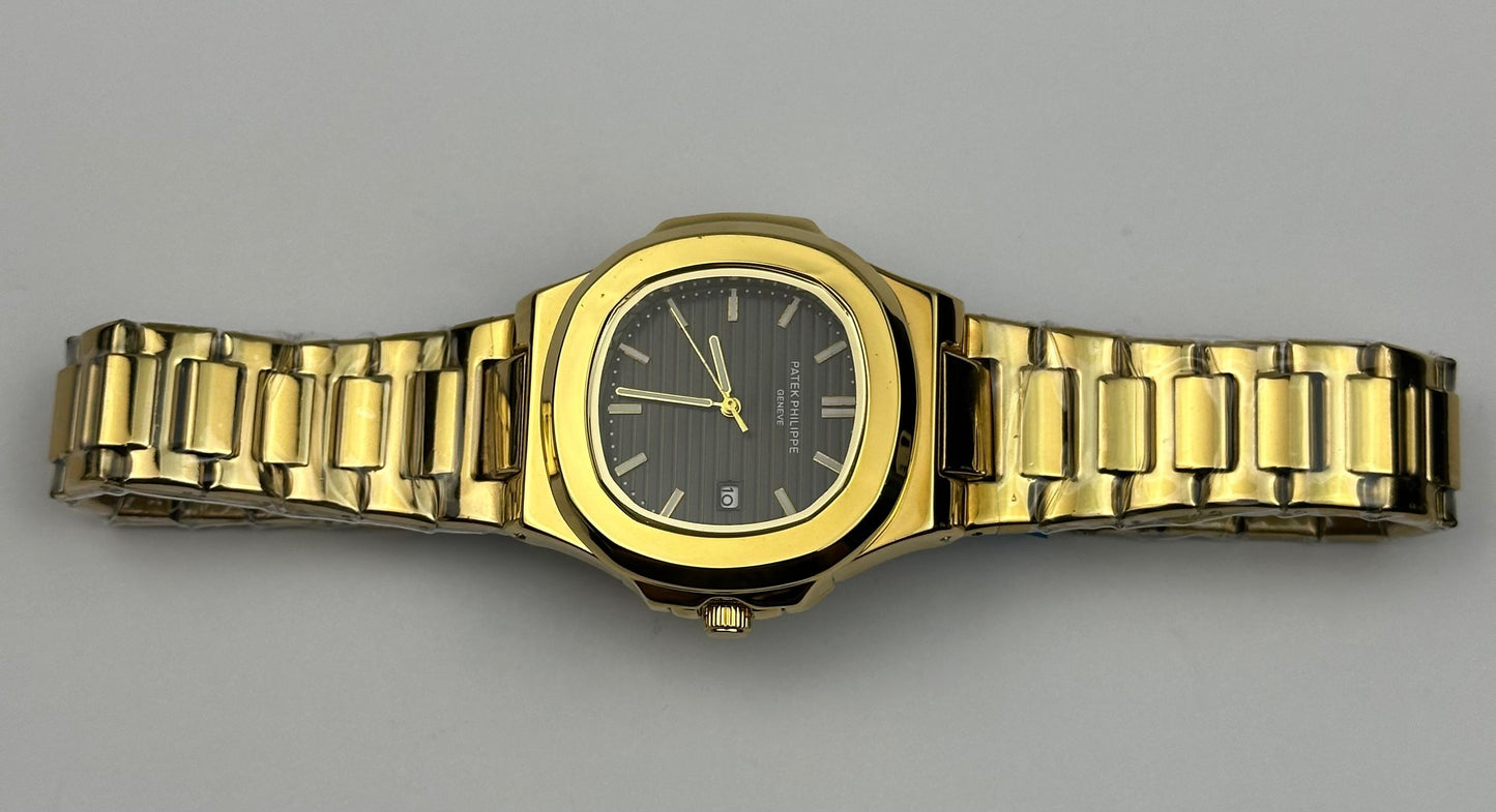 Men’s Patek Philippe All-Gold Stainless Steel Watch – Black Dial Nautilus Style | Tick Empire