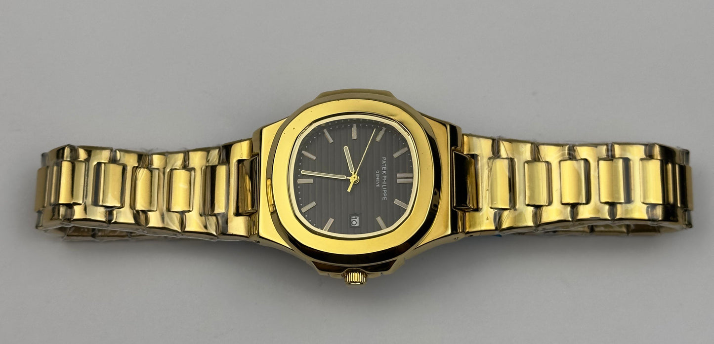 Men’s Patek Philippe All-Gold Stainless Steel Watch – Black Dial Nautilus Style | Tick Empire