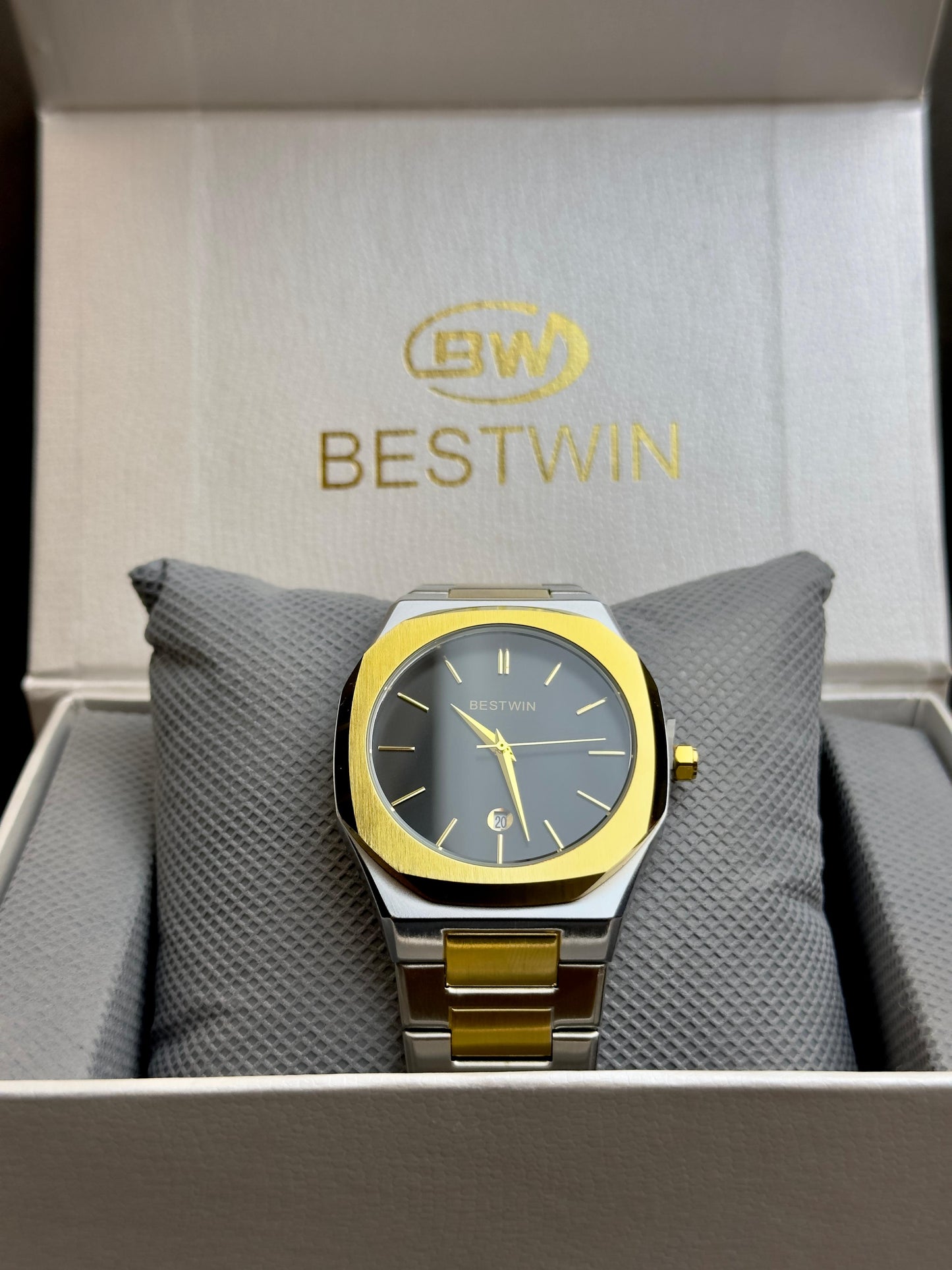 Men’s BestWin Two-Tone Stainless Steel Watch – Champagne Dial with Gold Fluted Bezel | Tick Empire