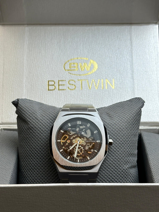 BESTWIN Men’s Stainless Steel Skeleton Watch – Silver Dial | Tick Empire