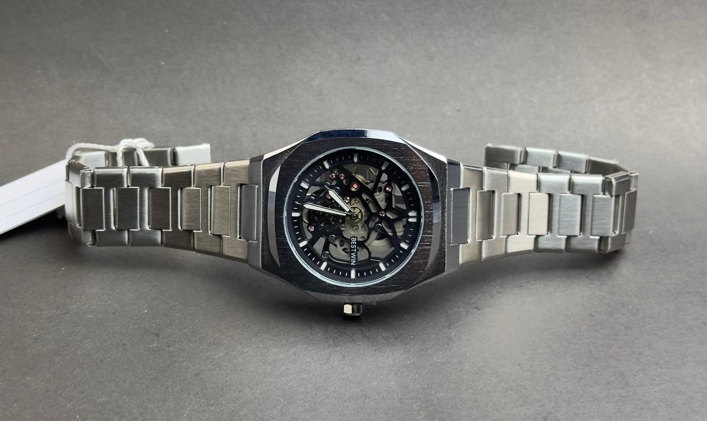 BESTWIN Men’s Stainless Steel Skeleton Watch – Silver Dial | Tick Empire