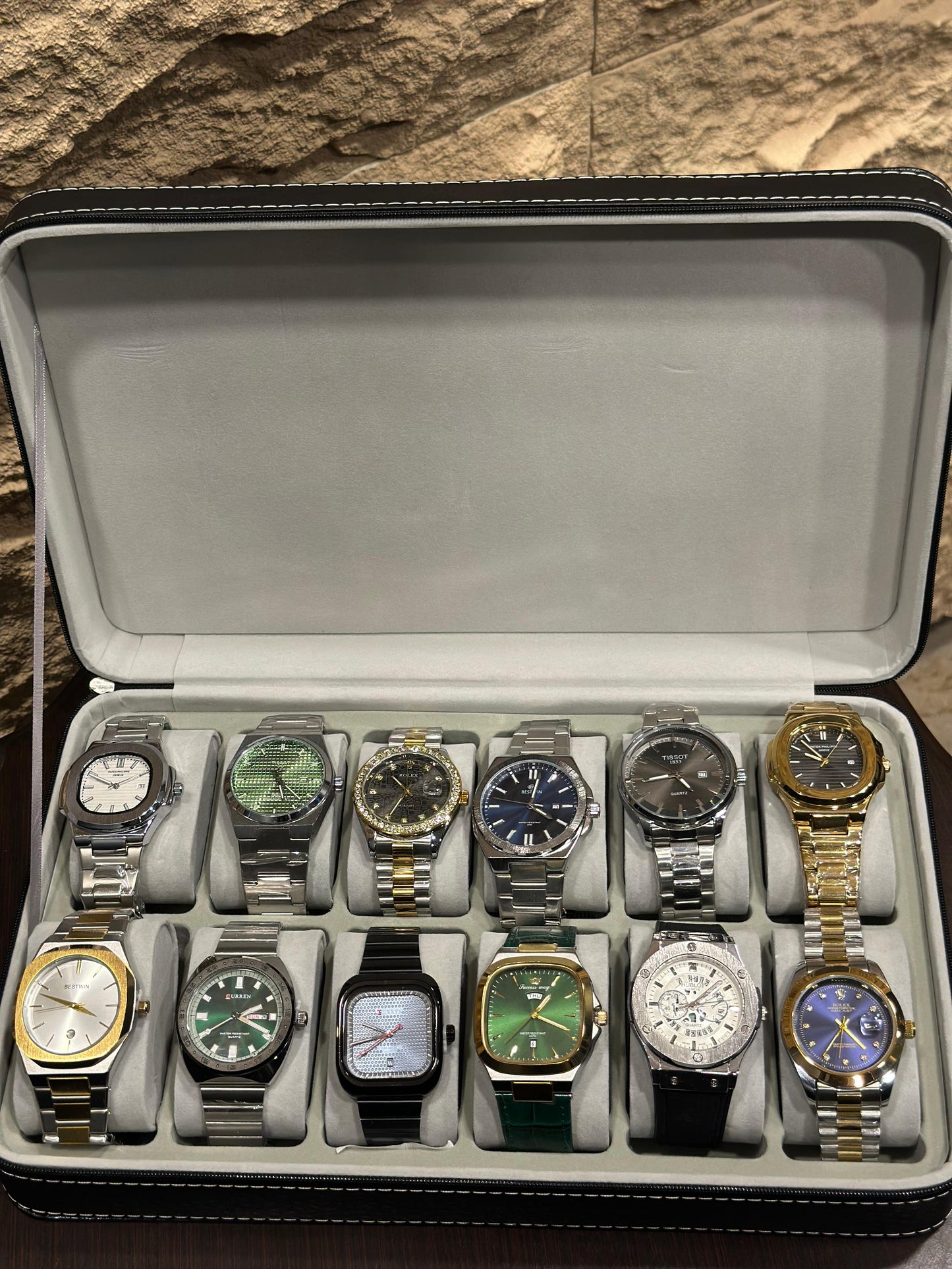 12pcs Men’s Watch Deal – Mixed Brand Stainless Steel & Gold-Tone Designer Styles